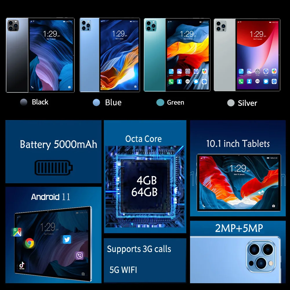Global New Version 10.1 Android Tablet 4GB RAM 64GB ROM Dual SIM Dual Camera 3G Call Tablet 5000mAh Android 11 2
