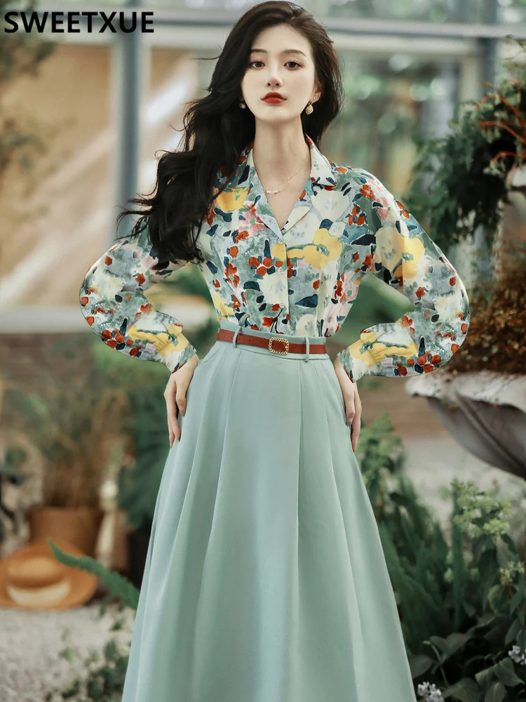 Korean Design Women Outfits Vintage Print Flower Chiffon Shirt