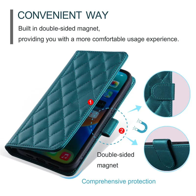 Luxuriöse karierte Leder-Handyhülle für Samsung Galaxy A06 A05 A05S A04 A04S A14 A24 A34 A54 Kartensteckplatz Lanyard Flip Wallet Cover_voghion.com