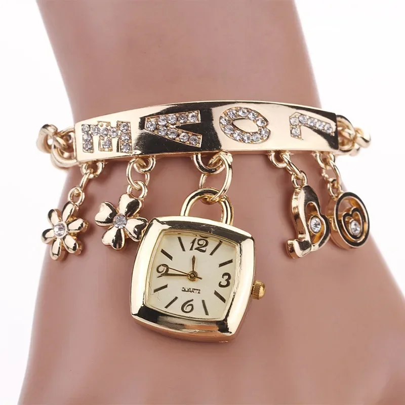 

smvp Watches with Letters Rhinestone Inlaid Chain Bracelet Flower Pendant Wrist Watch Ladies Dress Gift Zegarek Damski