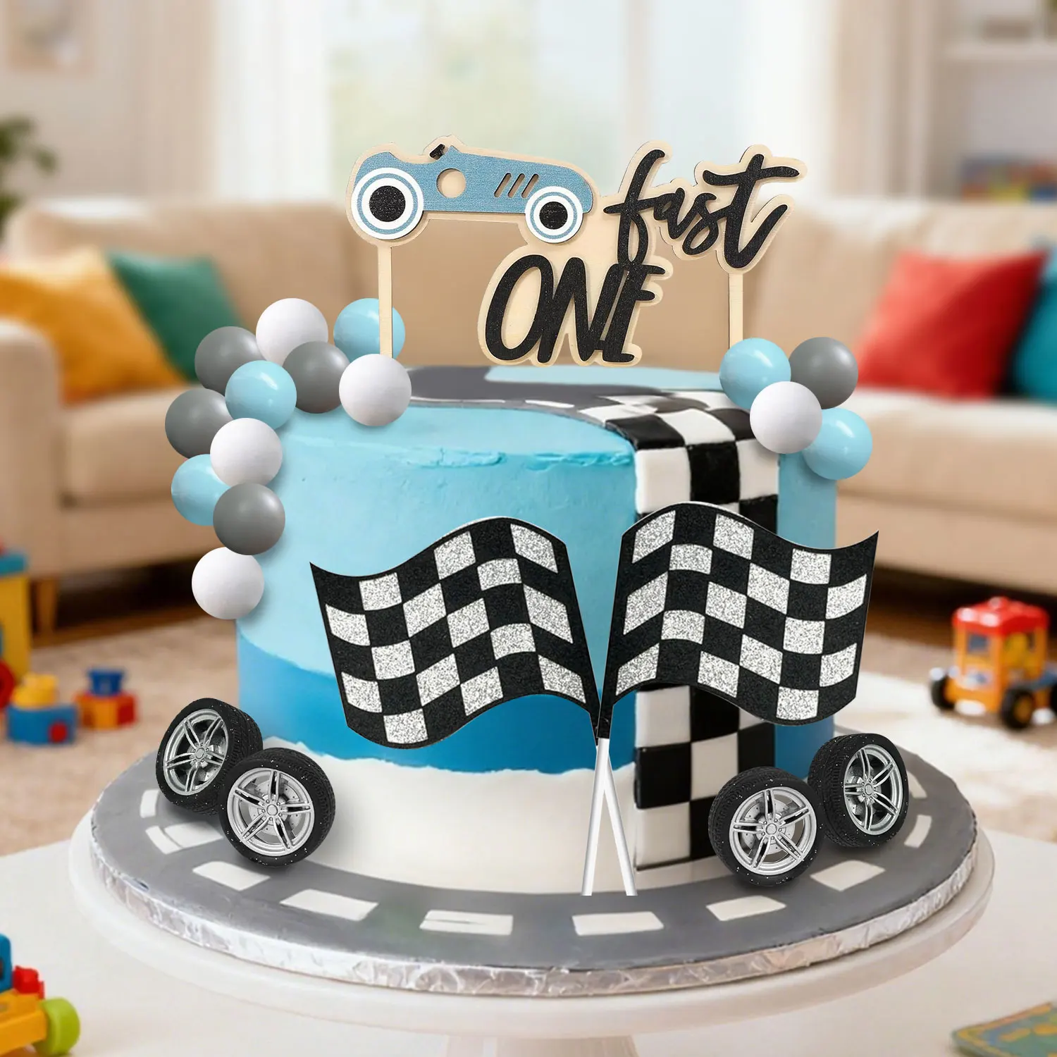 22-teiliges Fast One Geburtstagstorten-Topper-Set - Holz-Rennwagen-Tortenaufsatz, Flaggen-Rad-Tortendekoration für Babyparty und Geburtstagsfeier – Detail 4