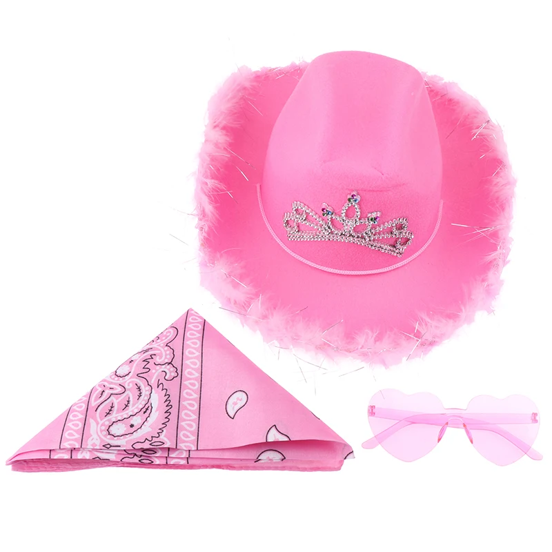 1Set Cowboy Caps Western Cowgirl Hat for Women Girl Photo Props Bandana Glasses Glamorous Cowgirl Hats Party Fedora Cap