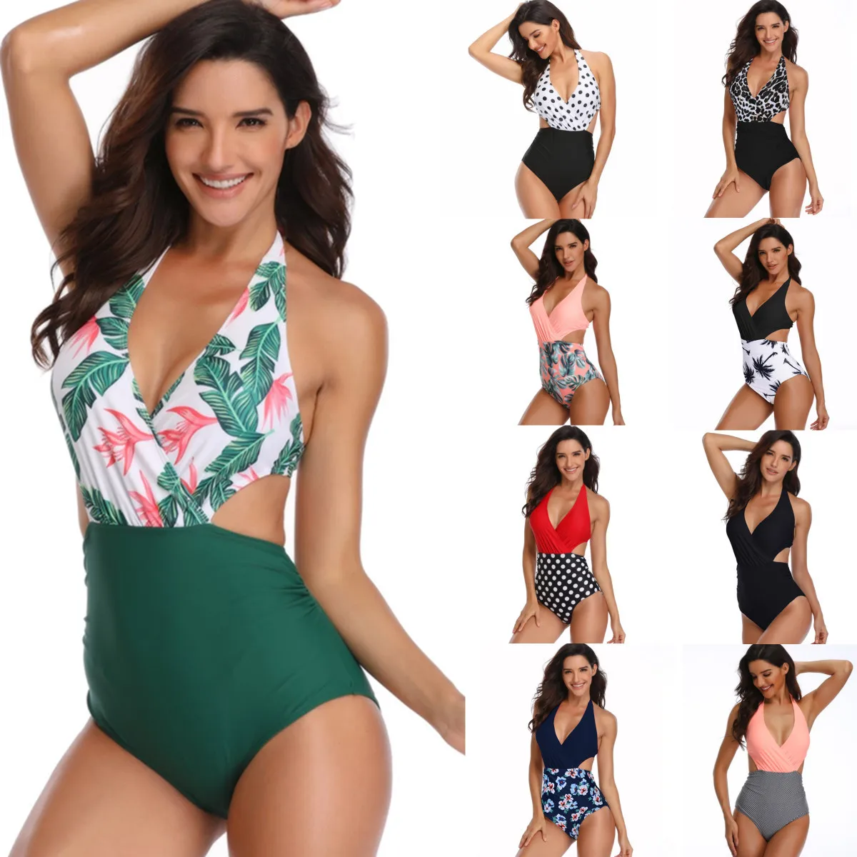 

Floral Deep V-neck Halter One-Piece Swimsuit Sexy Backless Lace Up Women Monokini 2022 Beach Bathing Suits Swimwear