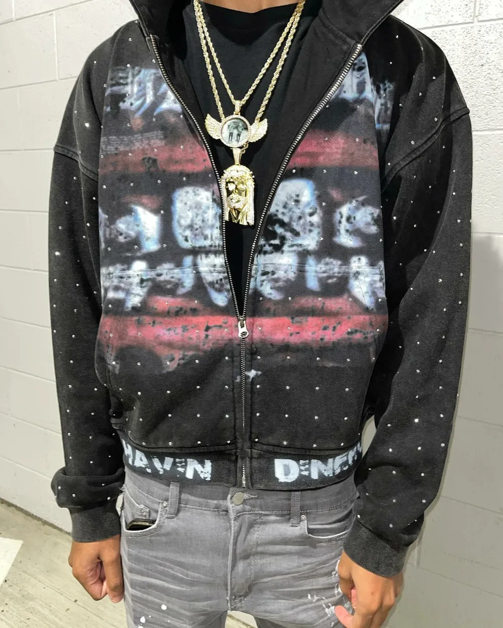 Streetwear Fashion Rhinestone Zip Up Sweatshirt Harajuku