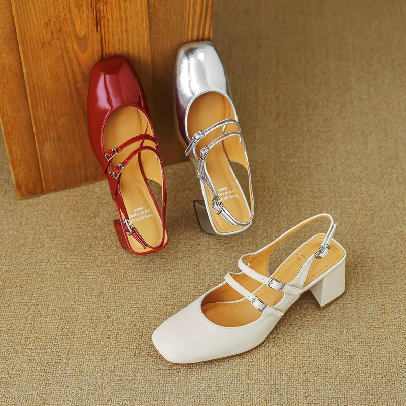 Small Size 33 34 Spring Summer Classics Covered Toe Mary Janes Pumps Womens Split Leather Double Buckle Strap Slingbacks Sandals