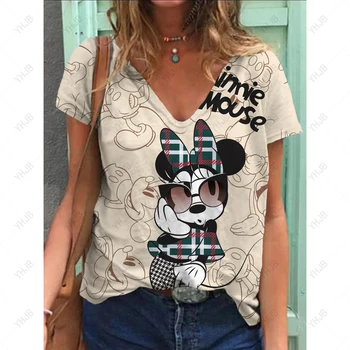 2024 Estate Nuove Donne T Shirt Disney Mickey Stampa Con Scollo A V Manica Corta Camicetta Moda T-Shirt Per Le Donne Abbigliamento Y2k T-Shirt Femminile 1