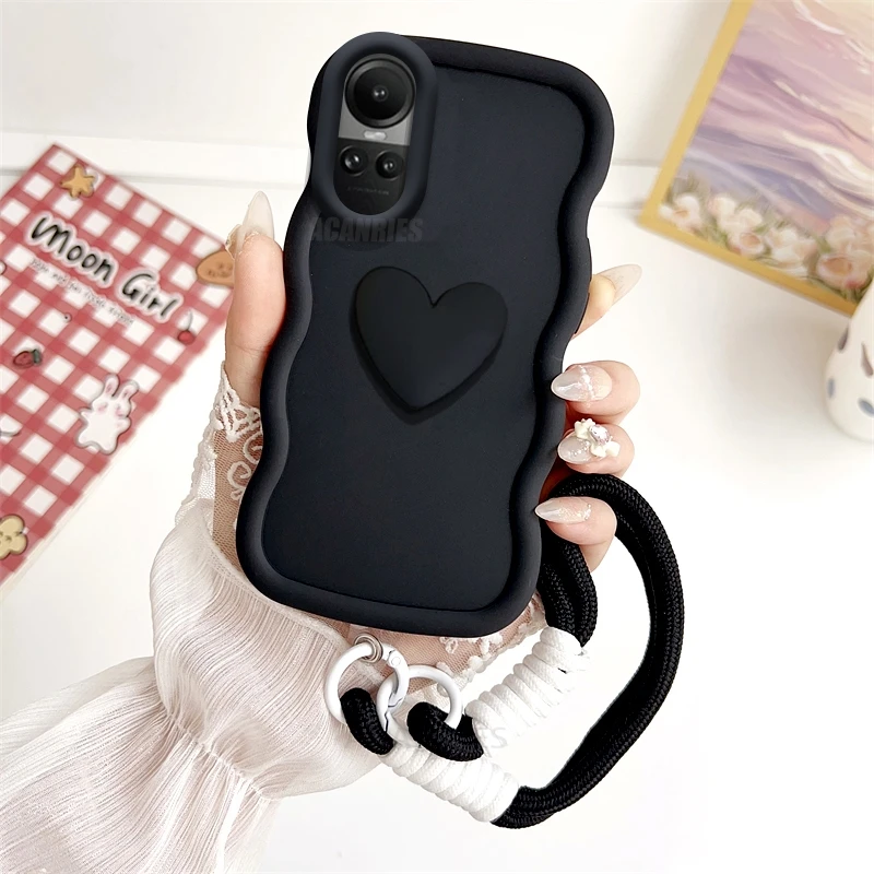 Love Heart Wavy Silicone Case with Lanyard Wrist Strap Cover