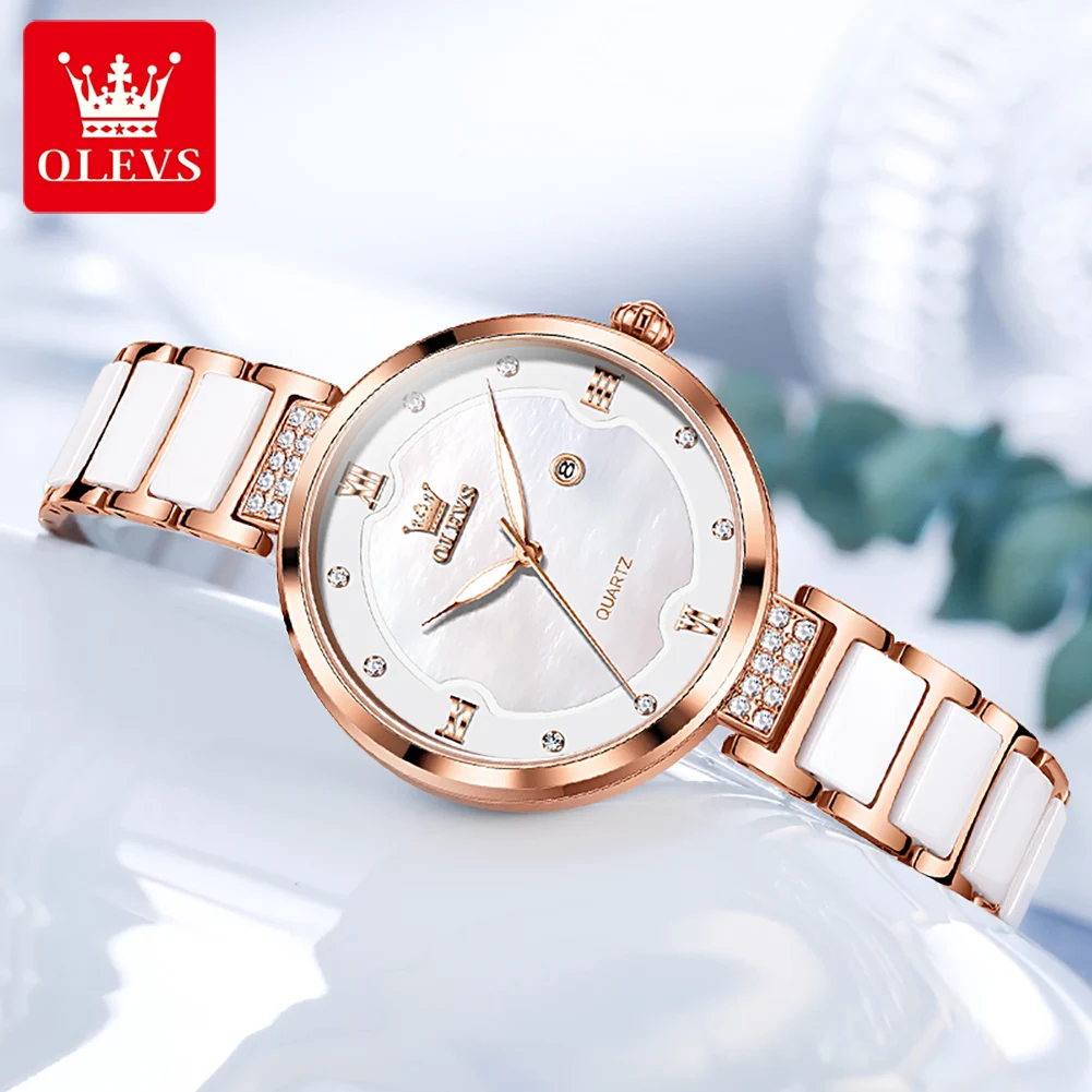 OLEVS-Relógio de pulseira de aço cerâmico feminino, relógio de pulso feminino, quartzo original, calendário, impermeável, vestido luminoso, luxo, 5589