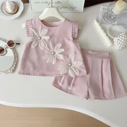 Girls' Summer Floral Short Sleeve Top & Shorts Set - 2 Piece Outfit - 12M (Pink)