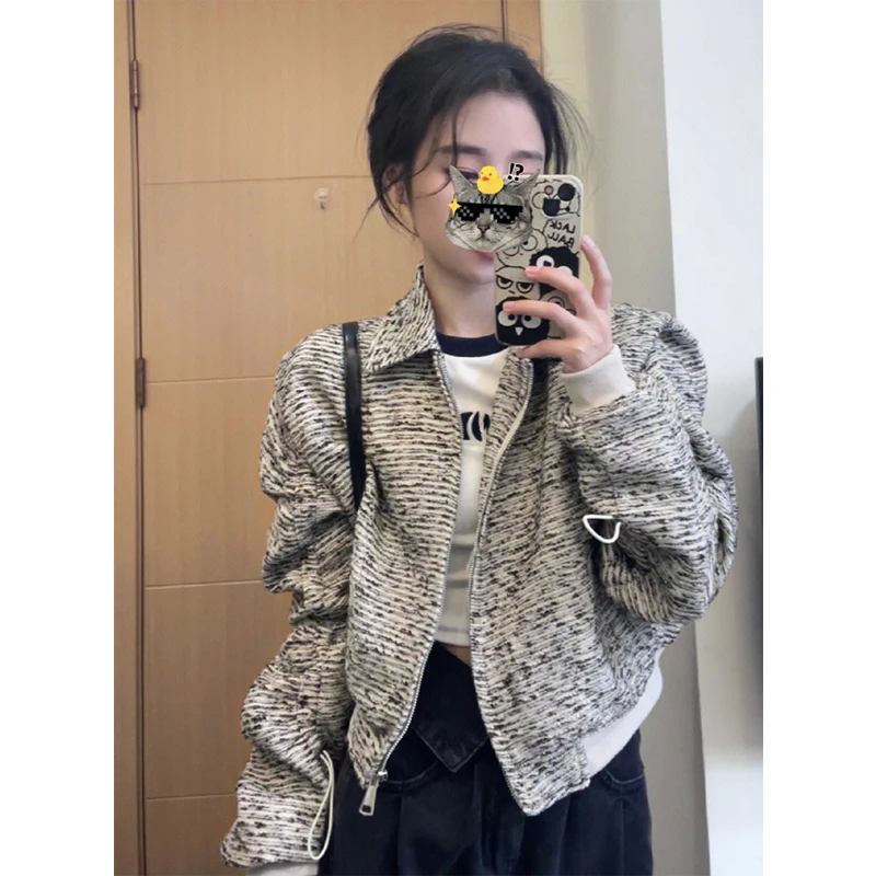 

2023 Women's Spring Jacket Woolen Polo Neck Short American Vintage Fashion Versatile Slim Free Shipping