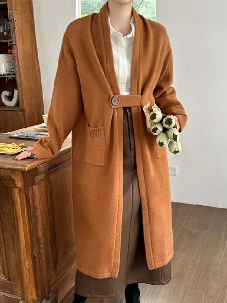 

[LANMREM] Minimalism Cardigan Knitting Coats For Women Long Sleeve Thick Warm Outwear Fashion Clothing 2023 Winter New 26D6830
