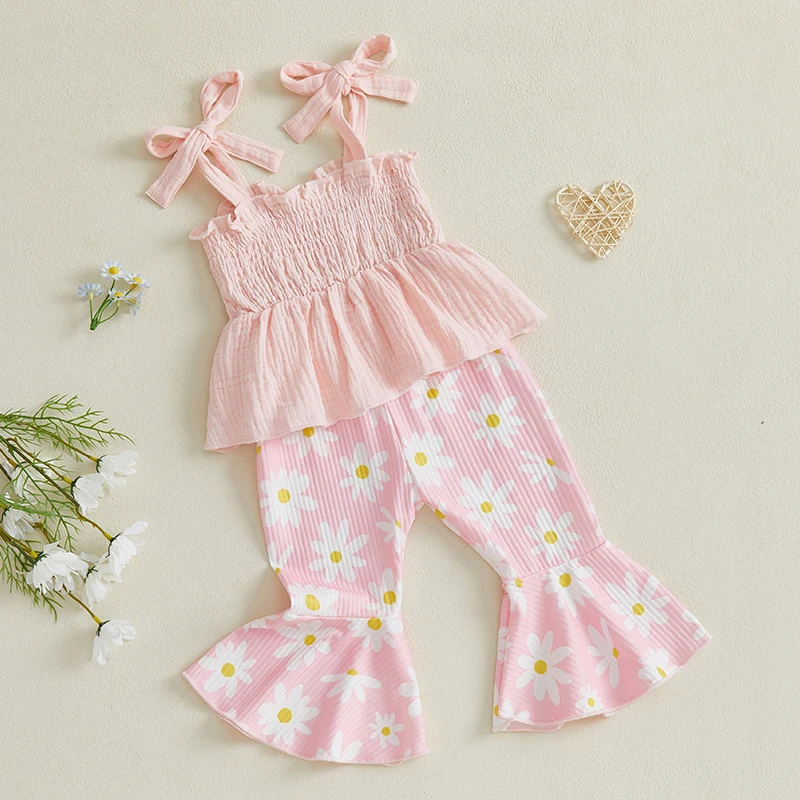 1-4years Kids Girls 2 Piece Outfits 타이 업 스트랩 스모크 캐미솔과 탄성 데이지 프린트 플레어 바지 여름 옷