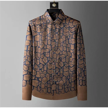 Luxury printed shirt men's long-sleeved casual shirt high quality fashionable Korean style high-end plus size men's clothing