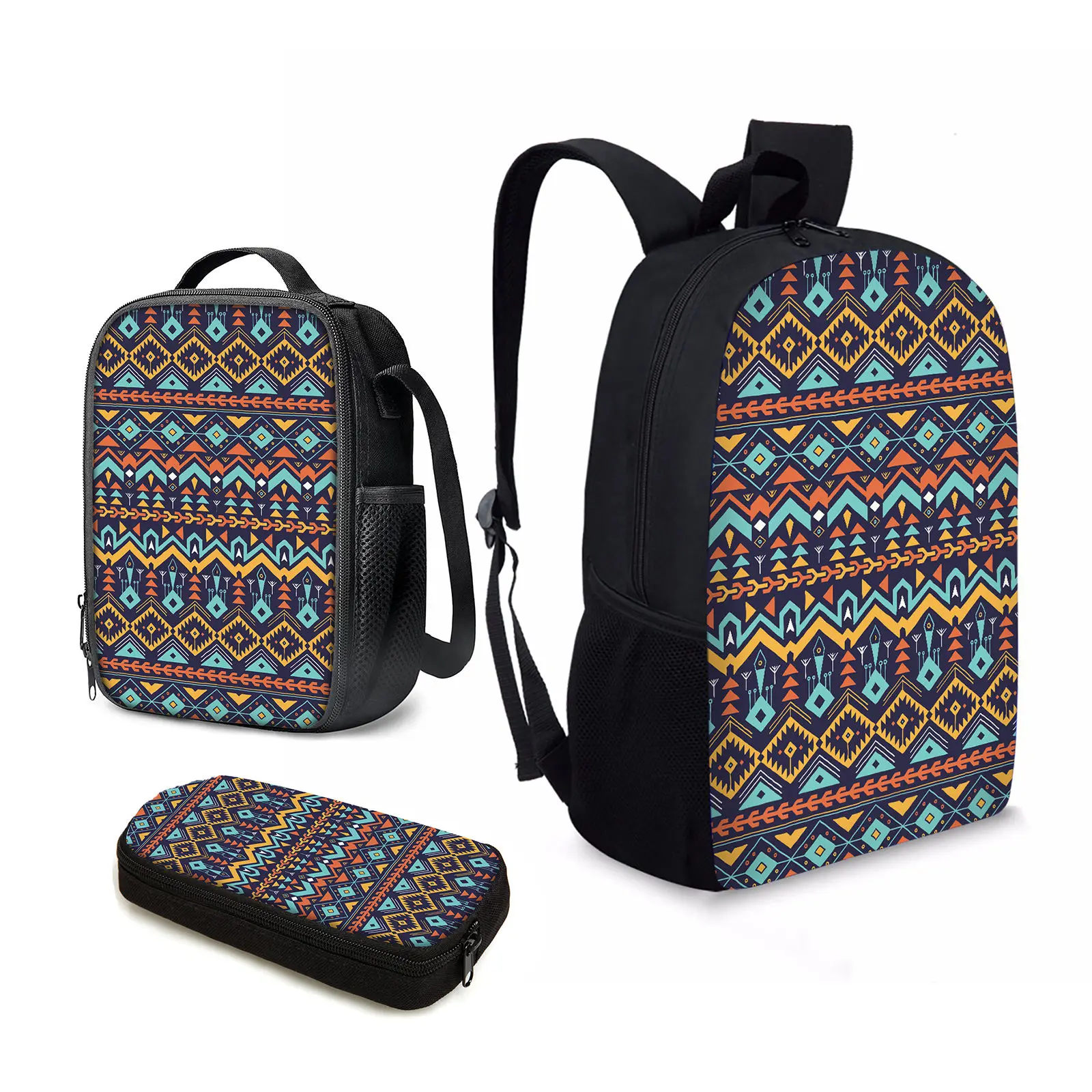 

YIKELUO Aztec Printing 3PCS Kids Back To School Gift Backpack American Tribal Durable Mochilas Insulated Lunch Bag Pencil Case