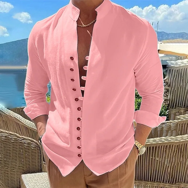 New Men's Vintage Casual Shirts Cotton Linen Long Sleeve Street Wear Lapel Button Solid Color Shirt For Men Vacation Blouse Top