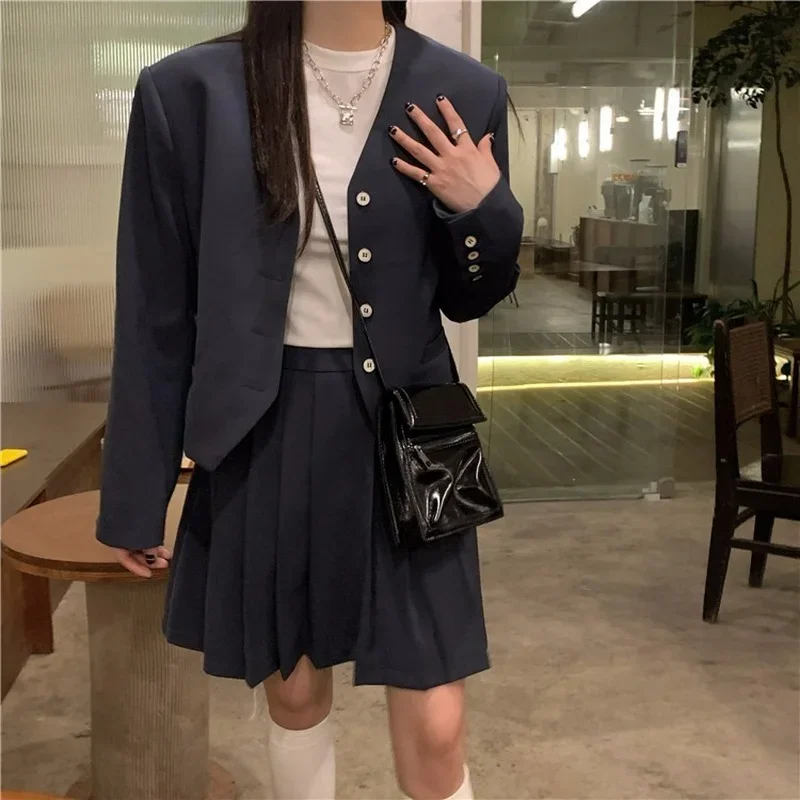 Fashion 2024 Casual Suit Skirt Suit Temperament Short Long Sleeve Suit High Waist Sexy Pleated Skirt Fashion Two-piece Female