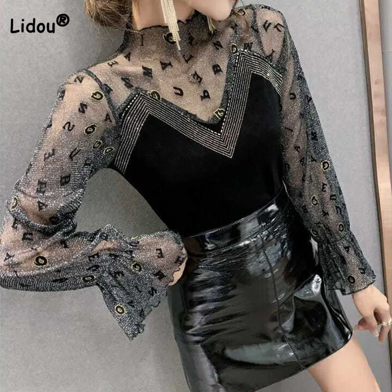 

Fashion Sexy Flare Sleeve Gauze Spliced Tops for Female Summer Women's Clothing Elegant Diamonds Solid Color Pullovers T-shirt