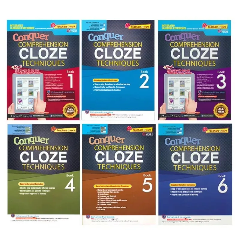 6books-set-sap-conquer-comprehension-cloze-techniques-grade-1-6-children-learn-singapore-primary-school-english-grammar-textbook