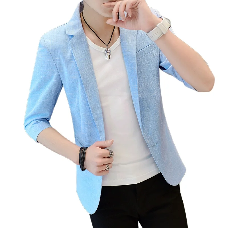 2024 Summer Small Suit Men Korean Version Seven-point Sleeve Top Slim Handsome British Suit Solid Color Sleeve Jacket Thin 5