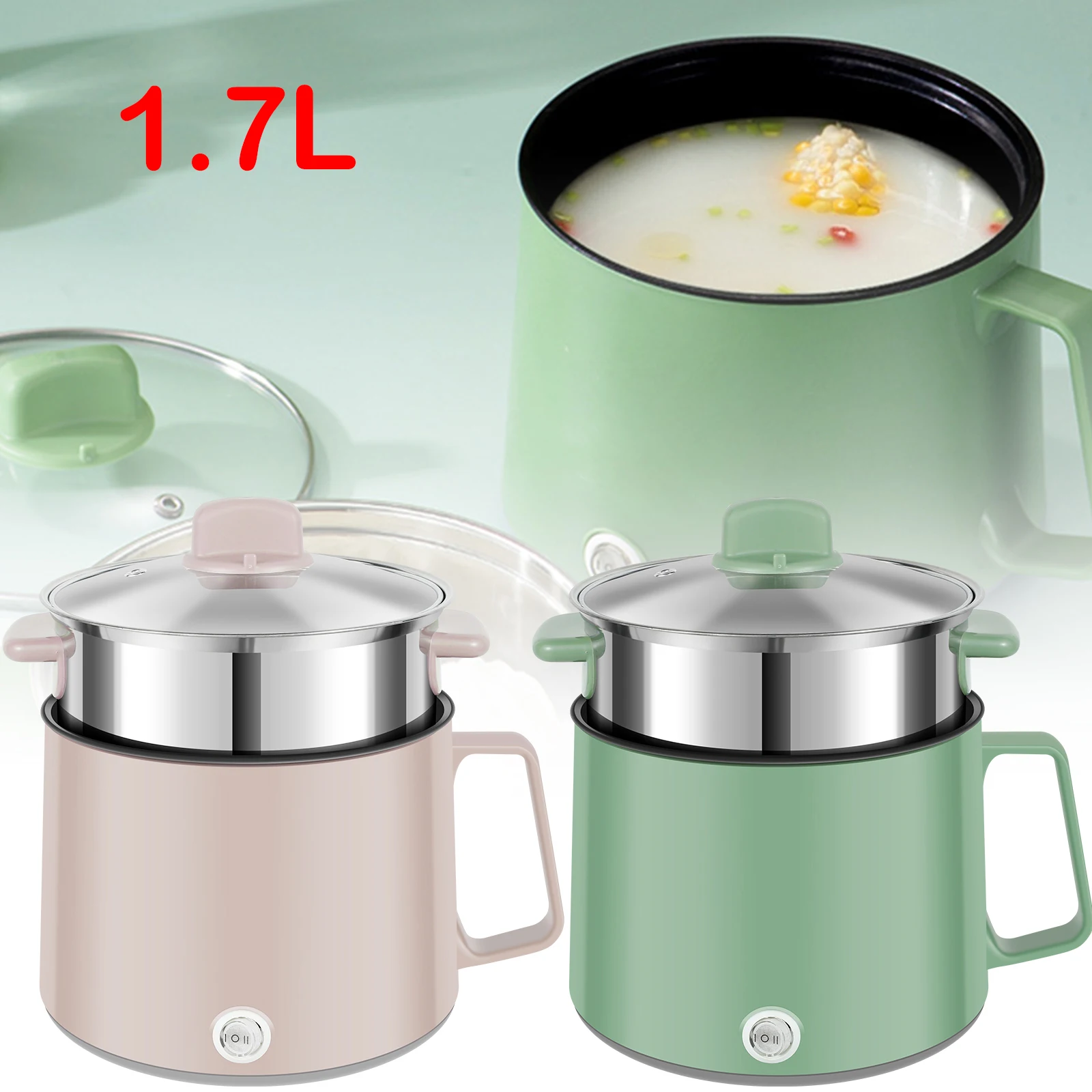 미니 가정용 요리 냄비, 미니 전기 쿠커, 가정 주방용, 1-2 인용 음식, 싱글, 더블 냄비, 스티머 냄비, 1.7L 용량 