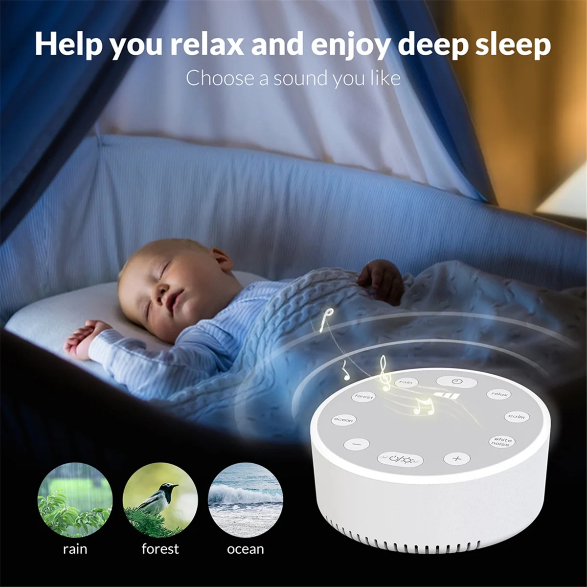 B34B-Baby White Noise Machine USB Rechargeable White Noise Sound Machine Baby Sleep Sound Player Night Light for Home Office