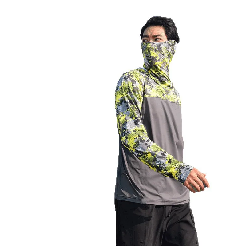 남성용 야외 낚시복 자외선 차단 아이스 실크 통기성 속건 모기 방지 낚시 조끼 마스크 포함 경량 여름용