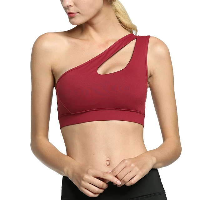 Fitness Yoga Wire Free Underwear One Shoulder Bra Women Sports Hollow  Workout Top Female Running Bras With Removable Pad