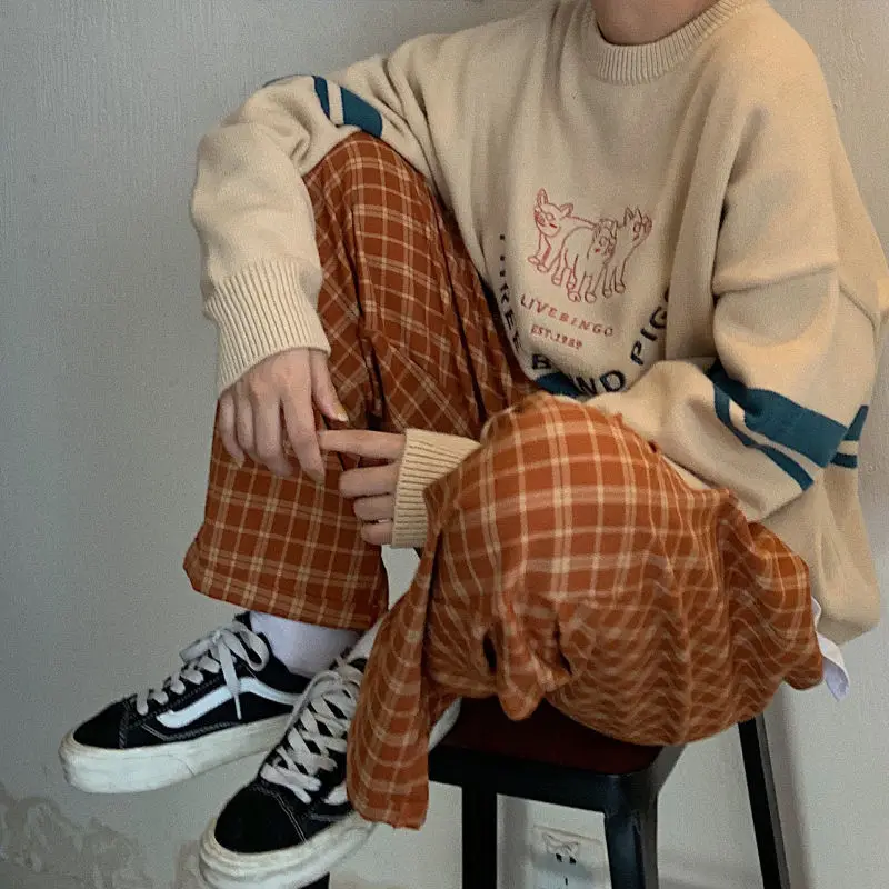Wide Leg Pants Summer Plaid Pants Men S-3XL Casual Straight Trousers