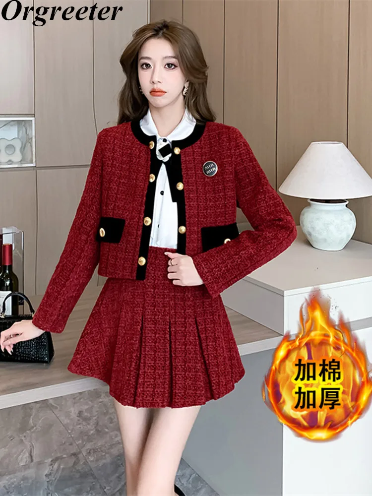 

Fall Winter Clothes Warm Plus Cotton Tweed Two Piece Set For Women Short Jacket Coat + Pleated Skirt 2 Piece Set Womens Outfits