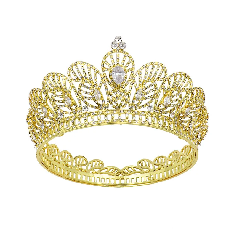 Baroque Vintage Gold Color Crystal Royal Queen Bridal Tiaras Big Round Crown Wedding Hair Accessories Rhinestone Pageant Diadem