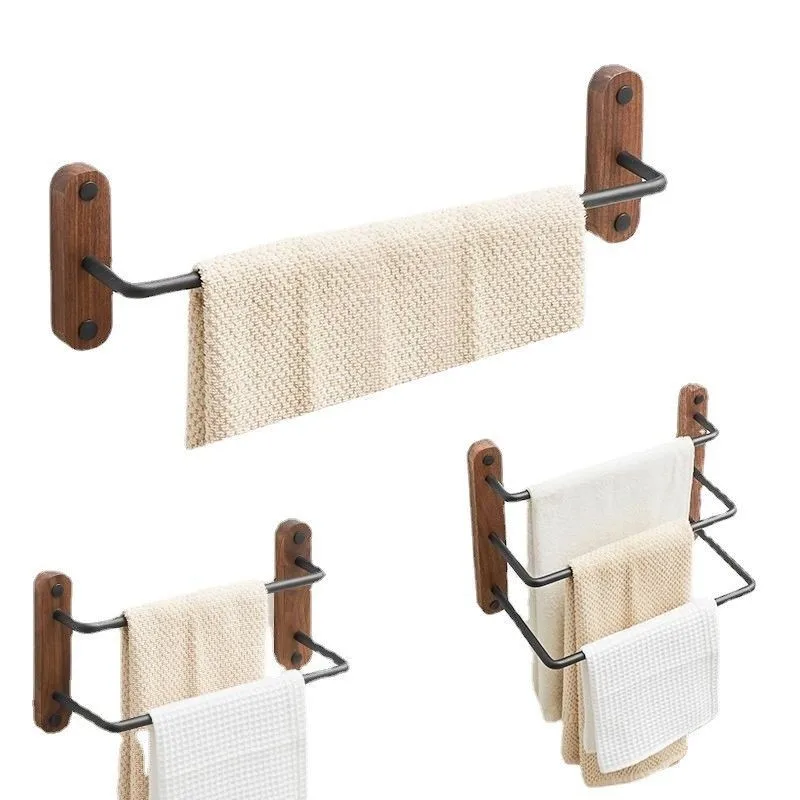 Chinese Style Towel Rack Vintage Bathroom Walnut Towel Rack Double Pole Non Perforated Bathroom Wood Gold Wall Pole ZF217