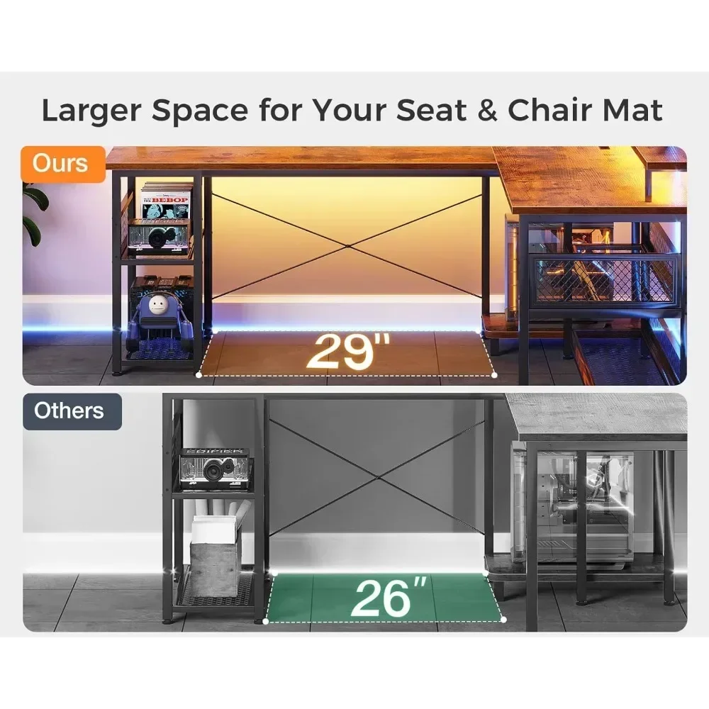 "59" l-shaped gaming desk with integrated power and usb ports, led-illuminated corner desk with storage"