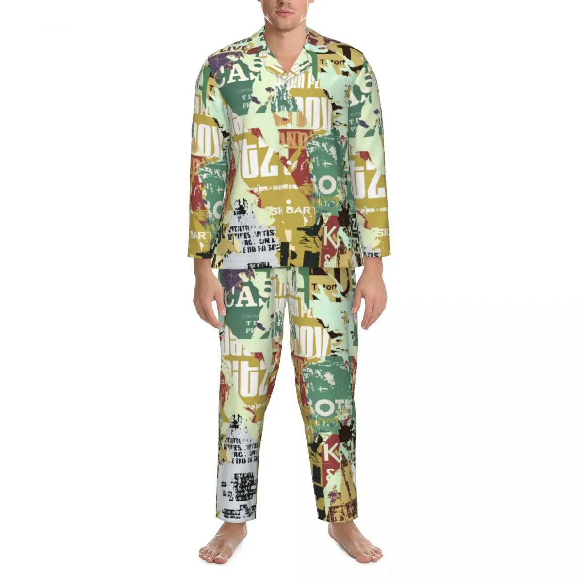 

Newspaper Collage Pajama Set Autumn Vintage Aesthetic Trendy Leisure Sleepwear Men 2 Piece Aesthetic Oversized Graphic Nightwear