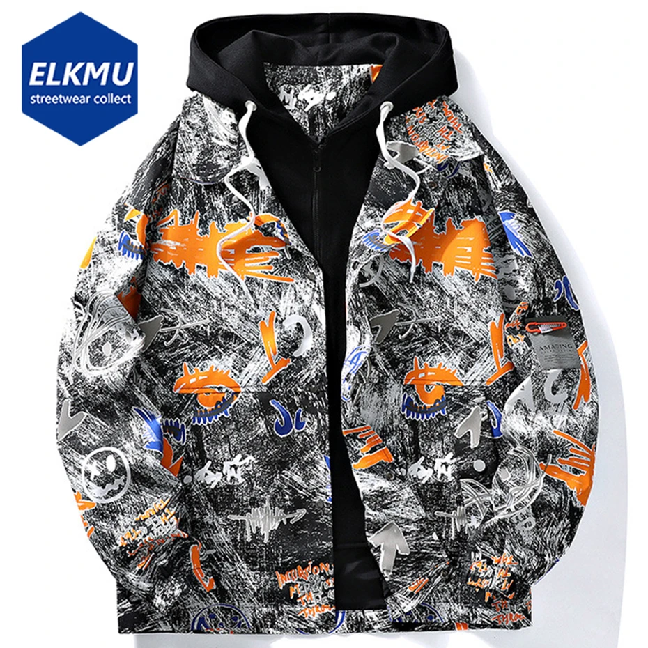 2022 Men Jacket Korean Fashion Hooded Printed Graffiti Oversized Streetwear Jacket Black Harajuku Hip Hop Windbreaker Coats racer jacket