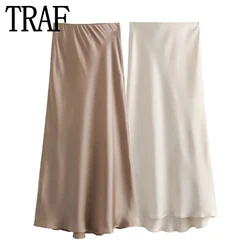 TRAF 2023 Satin Skirt Woman Autumn High Waist Midi Skirt Woman Stylish Long Skirts For Women Elegant Social Women's Skirts