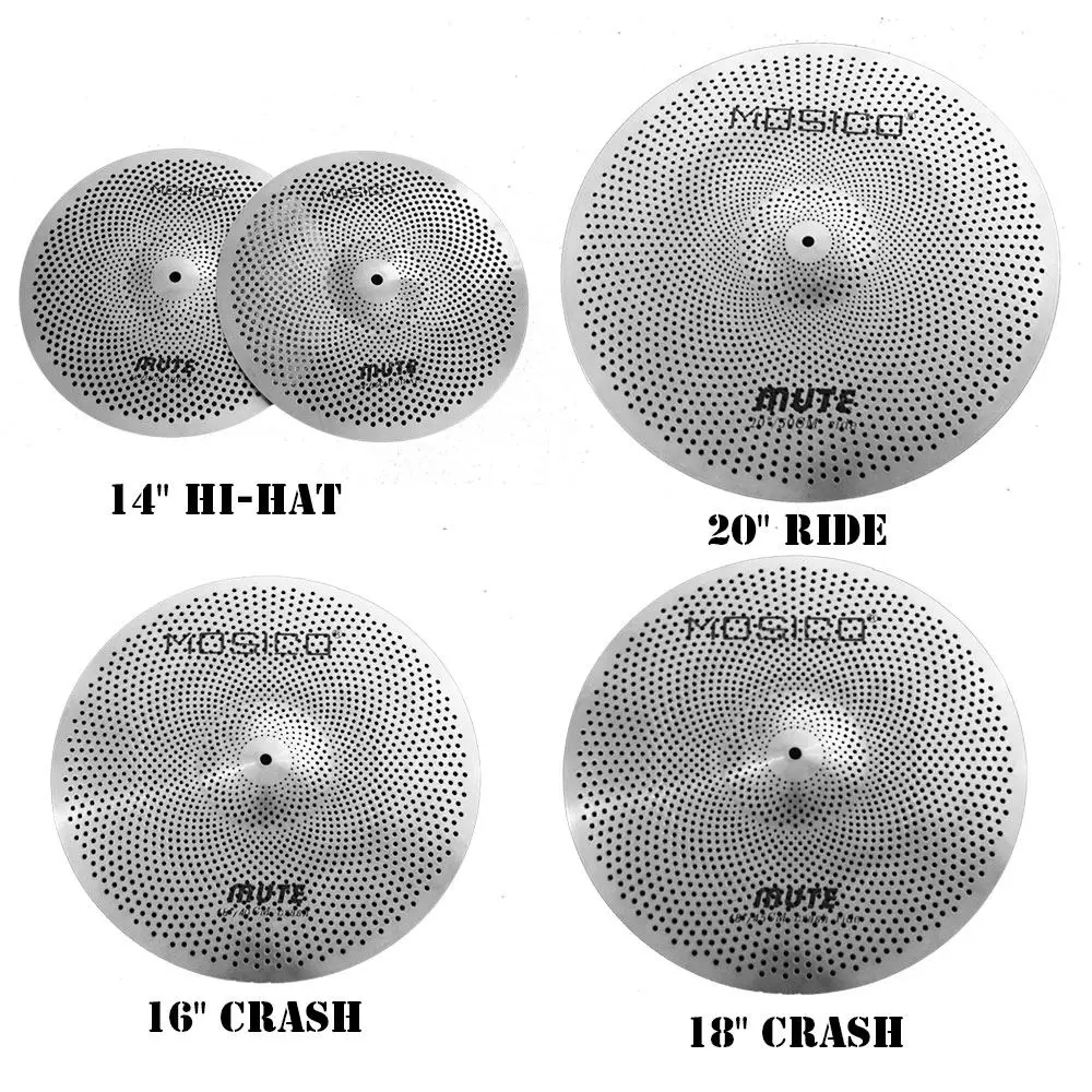 Drum Cymbal Kit 5 PCS Sliver Low Volume Cymbal Set 14" Hi-Hat+16" Crash+18" Crash+20" Ride Drummers