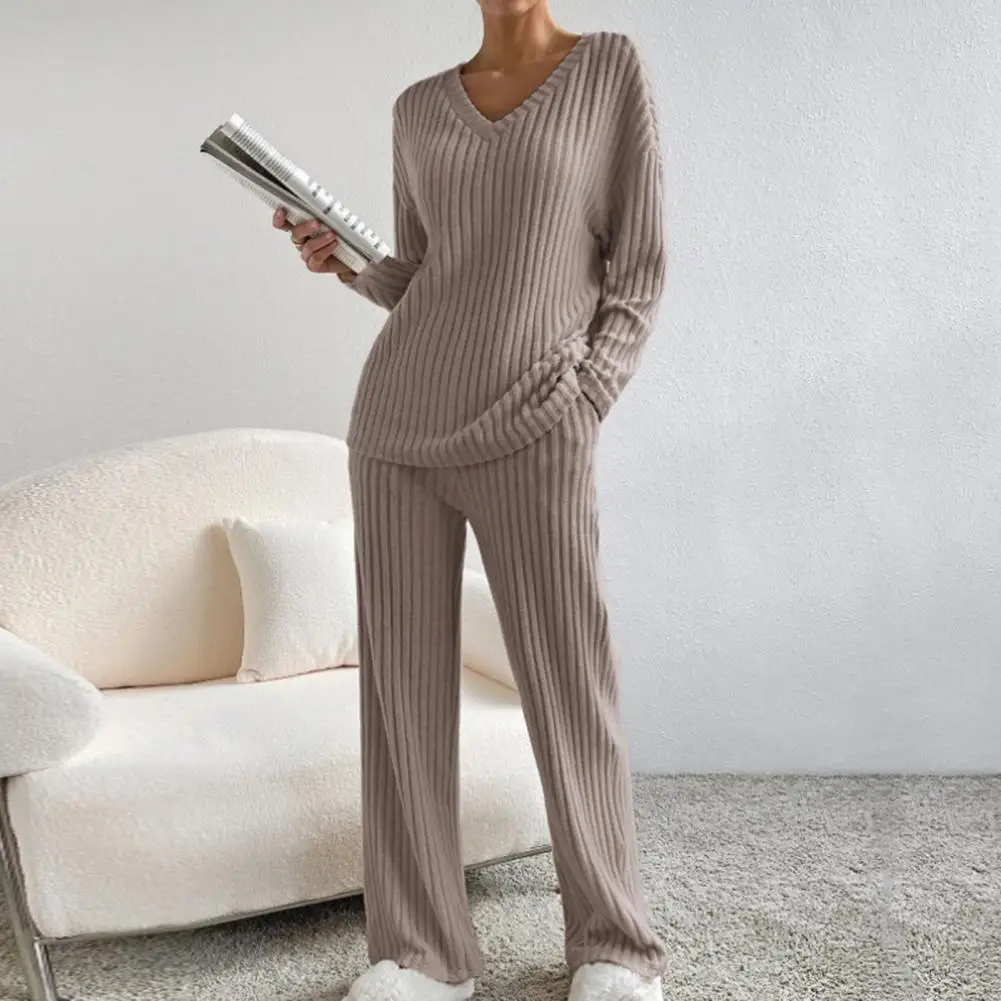 

Ribbed Knit Pajama Set Cozy Knitted Sweater Pants Set with V Neck Pockets for Fall Winter Homewear Soft Pajama Set