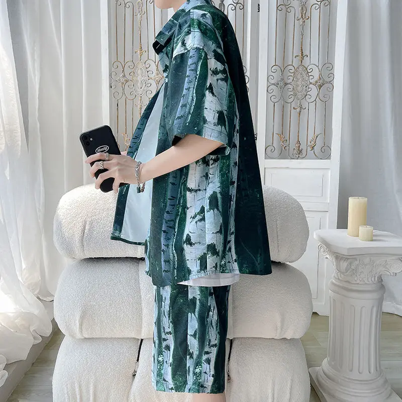 2024 Elegant Fashion Harajuku Slim Fit Ropa Hombre Loose Casual Sport All Match Shorts Button Middle Sleeve Blusa Two Piece Set