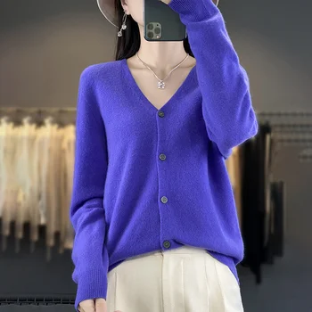 Autumn And Winter New Cardigan 100% Merino Wool Knitted V-neck Sweater For Women, Loose And Soft Cashmere Sweater WQ015 1