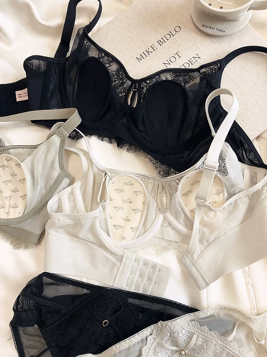 Lace ultra-thin non-steel ring crystal cups lingerie women large size gathering side breast collection underwear bra set