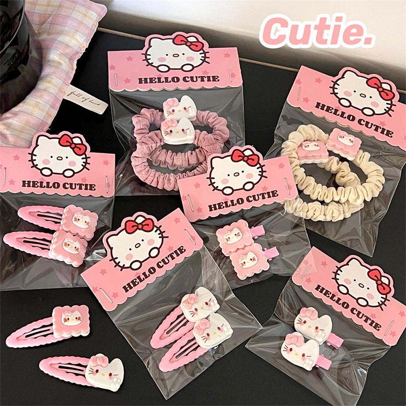 

Cute Pink Hello Kitty Y2K Hair Accessories Set Sanrio Kawaii Anime Hair Rope Sweet Cute Duck Beak Clip Broken Hair Bangs Clip