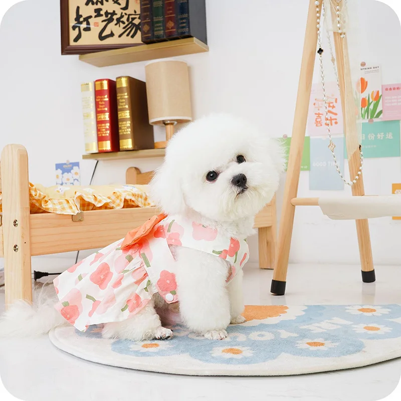 

Pretty Bow Dog Princess Dress Summer New Flower Puppy Skirt Leashable Pet Clothing Teddy Two Legs Clothes