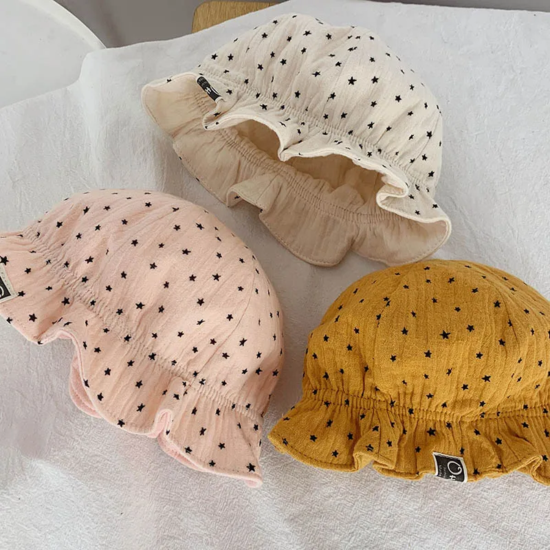 

Дышащая летняя уличная Панама, Детская кепка, детская пляжная кепка, хлопковая Милая шляпа с рисунком звезд для принцессы, шляпа от солнца с оборками