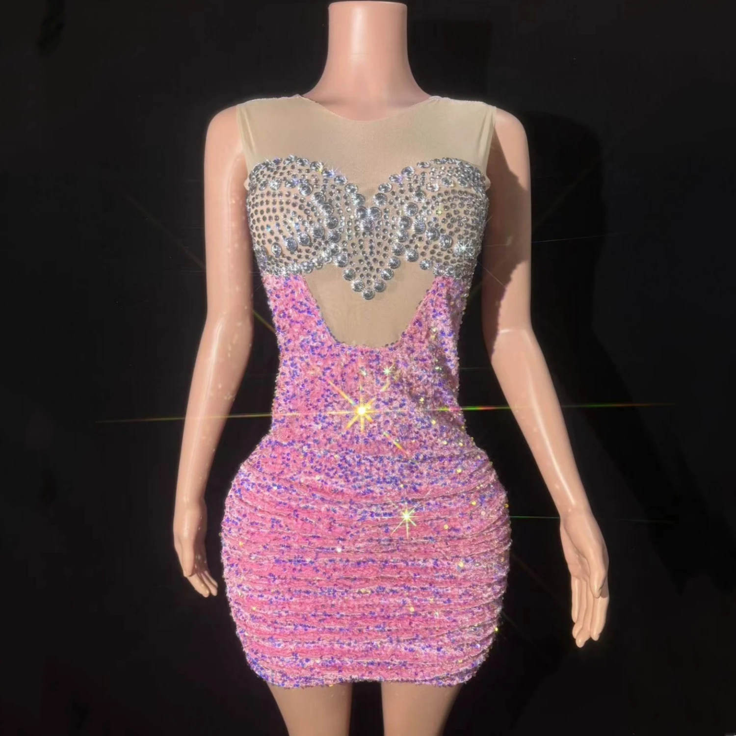 

Flashing Rhinestones Pink Sequins Sexy Backless Sheath Dress Evening Party Performance Costume Nightclub Singer Stage Wear