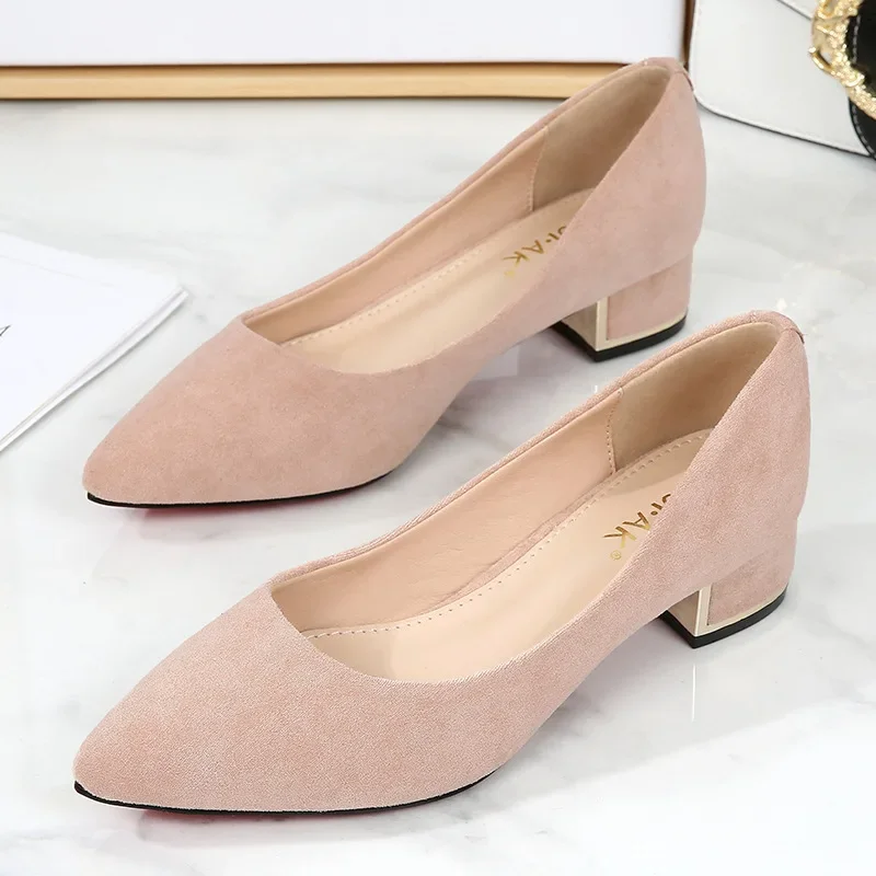 Big Size 34-43 Women Suede Leather Shoes 3.5CM High Heels Ladies Dress Work Shoes Slip On Pumps Woman Square Heels Wedding Shoes
