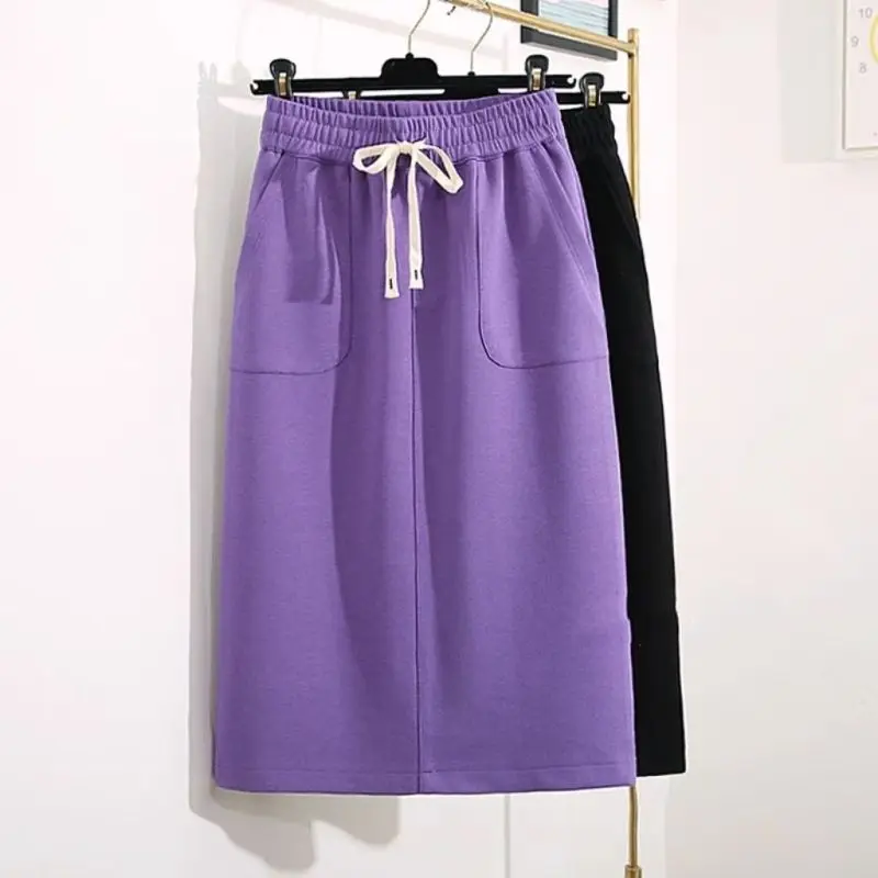 Casual Sweater Half Skirt Women's Spring Autumn New Elastic High Waist Drawstring A-line Skirt Split Straight Mid Lengt Skirt