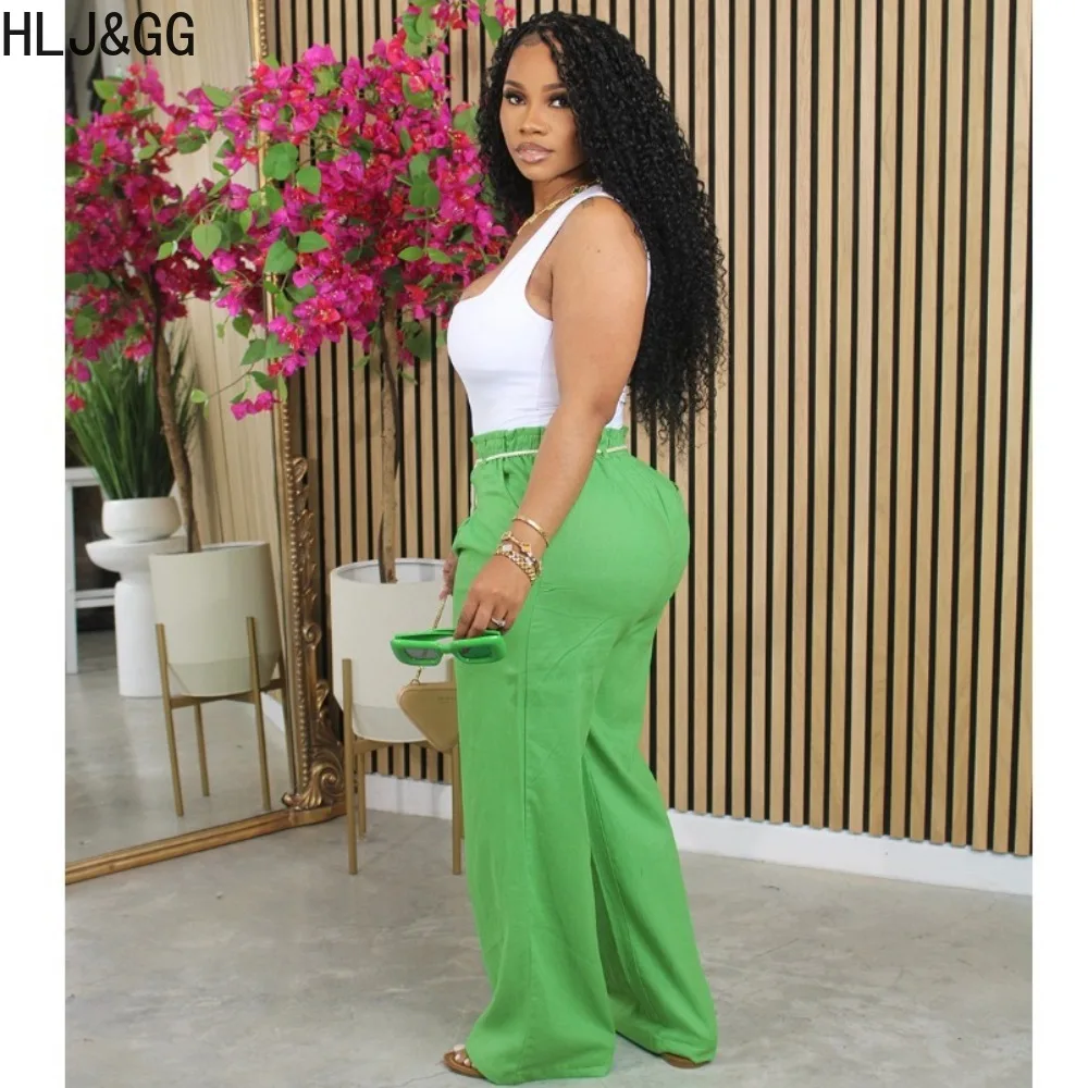 HLJ&GG Fashion Solid Color Drawstring Wide Leg Pants Women Elastic High Waist Hip-hop Straight Trousers Casual Matching Bottoms
