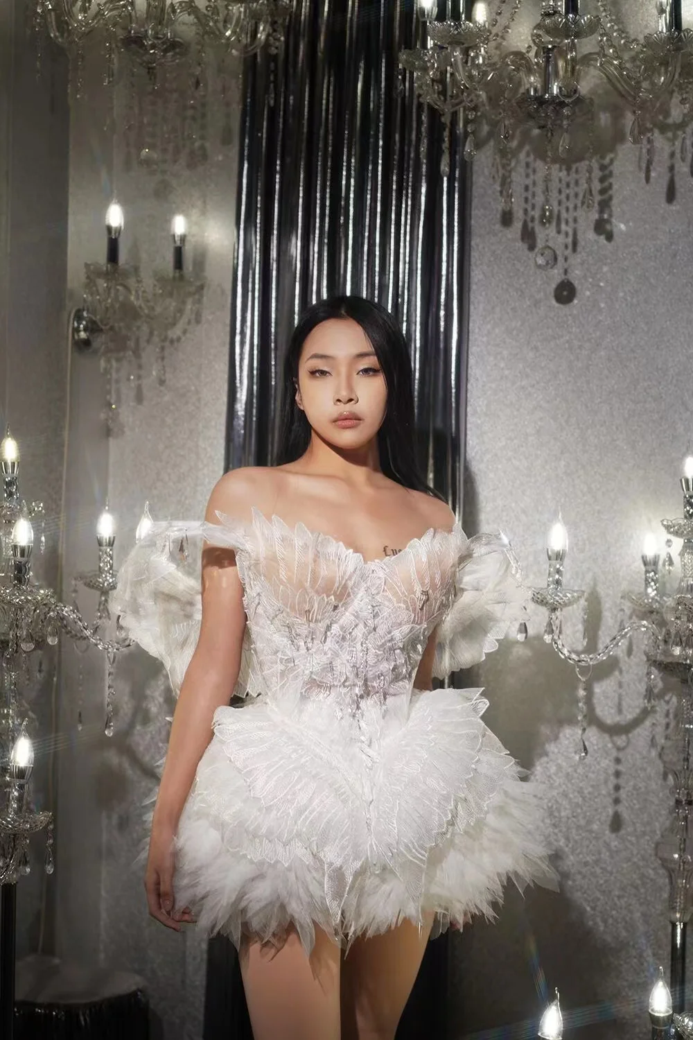 Sexy Evening Celebrate Wedding Birthday Dress Women Dance Costume Elegant White Wings Off Shoulder Bandage Backless Short Dress