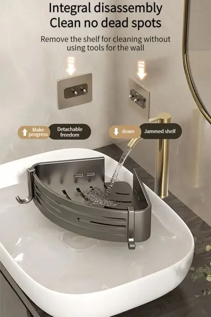 ชั้นวางของในห้องน้ำอะลูมิเนียมแบบไม่ต้องเจาะ ชั้นวางแชมพู ชั้นวางเครื่องสำอาง ที่เก็บของในครัว อุปกรณ์จัดระเบียบติดผนัง อุปกรณ์ในห้องน้ำ 6