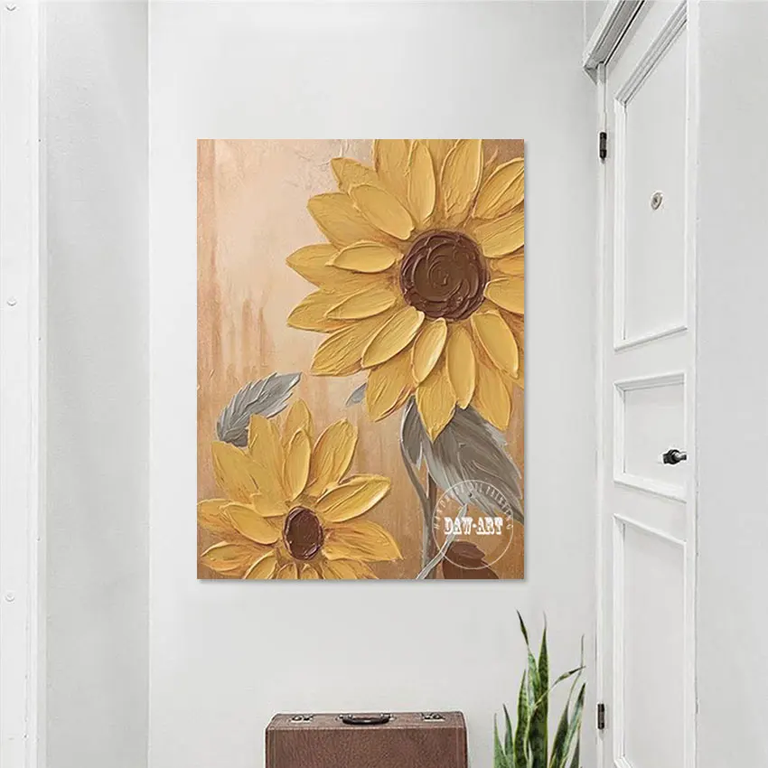 

3D Plant Picture Acrylic Style Frameless Artwork Abstract Palette Knife Canvas Art Design Painting Simple Sunflowers Wall Poster